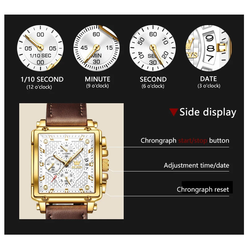 OLEVS Men's Top Brand Square Quality Quartz Wristwatch Chronograph Waterproof Original Watch for Man Luminous Date Luxury