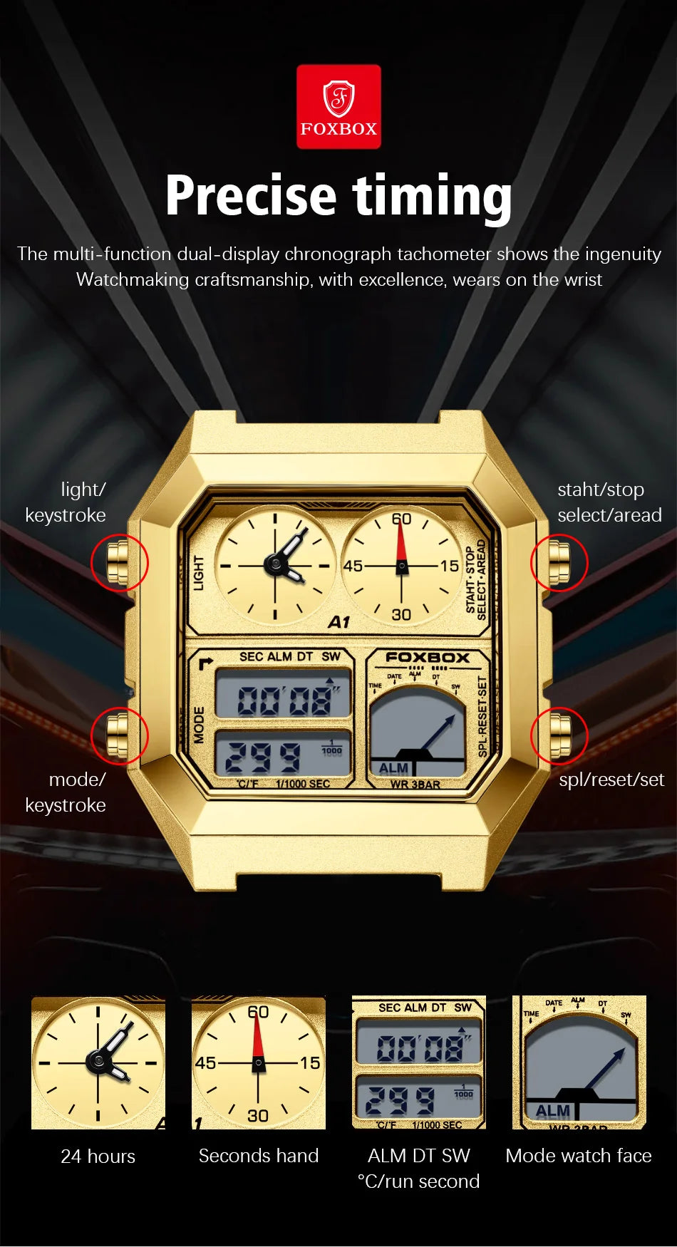 FOXBOX Top Brand Luxury Stainless Steel Chrono Sport Watches Men Back Light Display Digital Wristwatch 3Bar Waterproof Reloj+Box