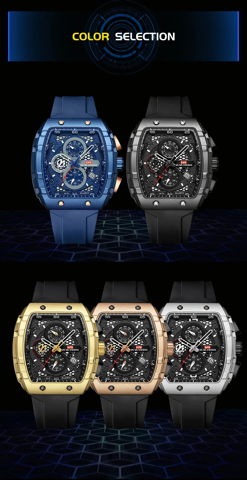 VA VA VOOM Men Watch With 47mm Large Dial Timing Multifunctional Clock Fashionable Silicone Strap Military Sports Watch for Men