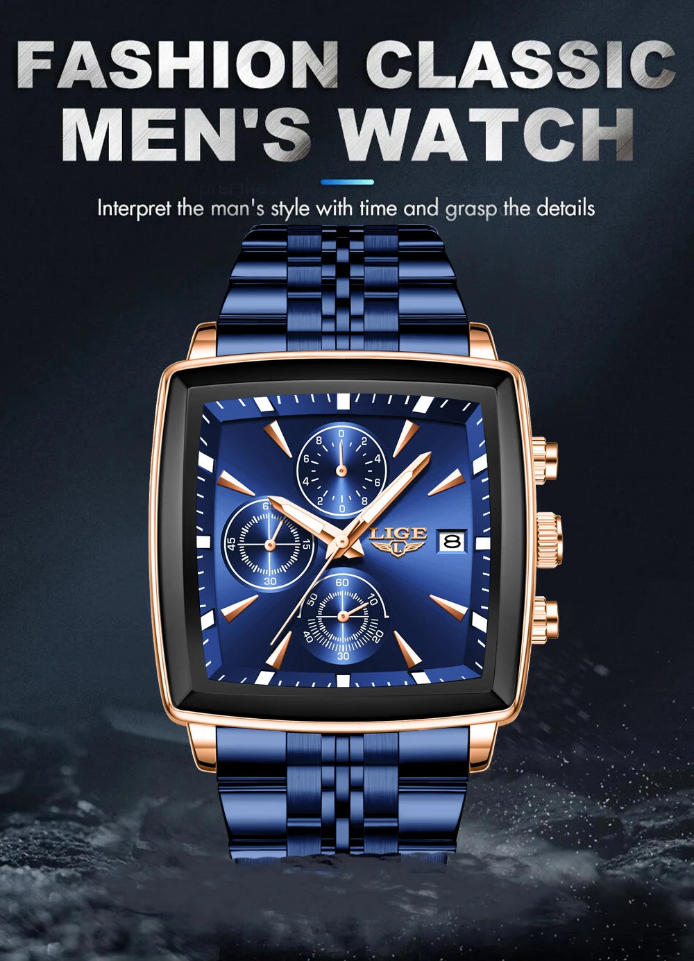 LIGE Top Brand Luxury Mens Watches Fashion Military Square Chronograph Quartz Wristwatches For Men Sports Waterproof Watch Men