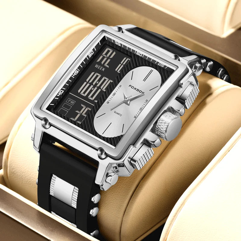 FOXBOX Blue Silicone Watch Men Digital Dual Display Watch Sports Chronograph Waterproof Quartz Wristwatch Men Military Watch