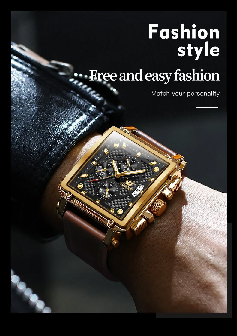 OLEVS Men's Top Brand Square Quality Quartz Wristwatch Chronograph Waterproof Original Watch for Man Luminous Date Luxury