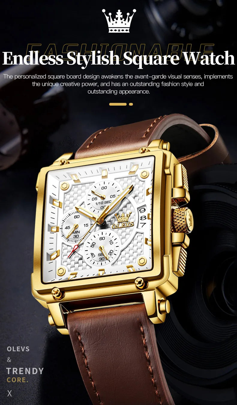 OLEVS Men's Top Brand Square Quality Quartz Wristwatch Chronograph Waterproof Original Watch for Man Luminous Date Luxury