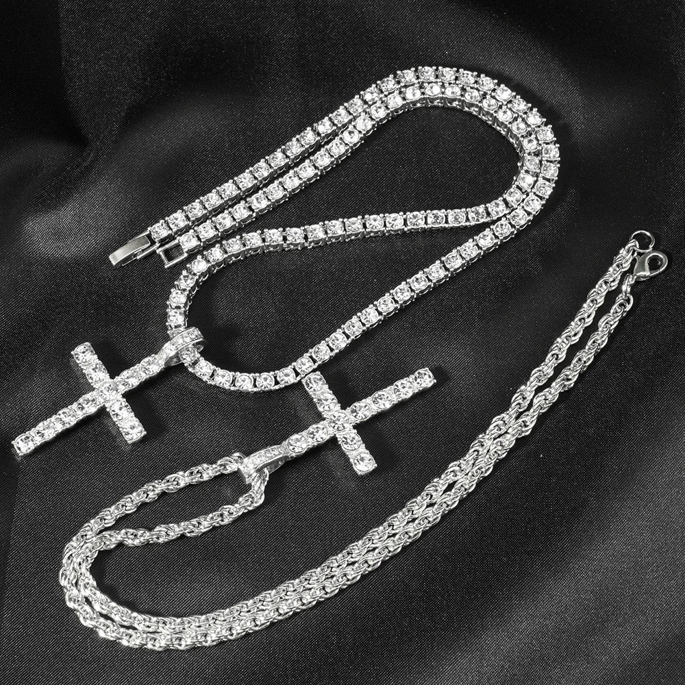 Hip Hop Iced Out Cross Pendant Necklace Strap 4mm Zircon Tennis Chain Men Women Sparkling Necklace Punk Jewelry Fashion Gift