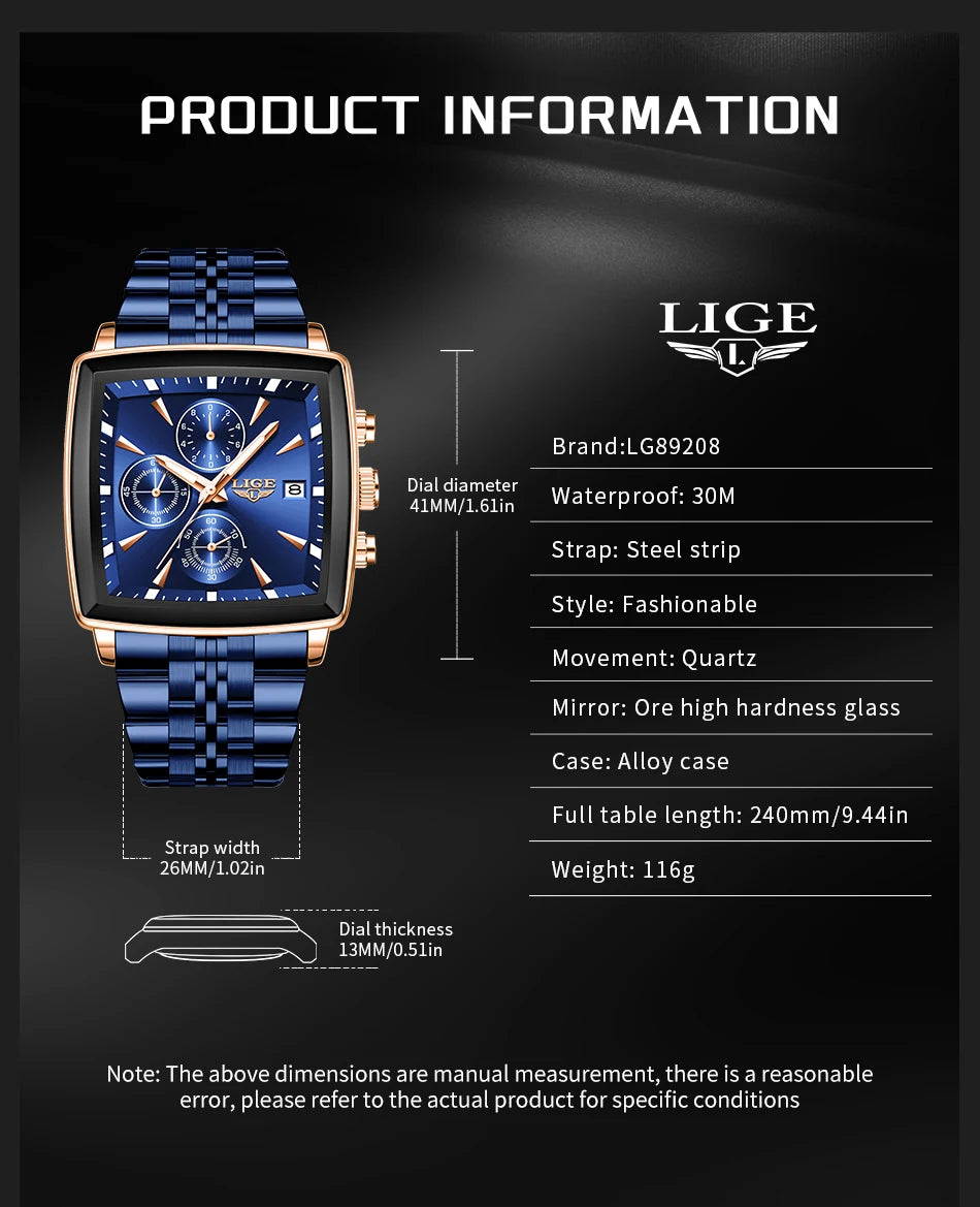 LIGE Top Brand Luxury Mens Watches Fashion Military Square Chronograph Quartz Wristwatches For Men Sports Waterproof Watch Men