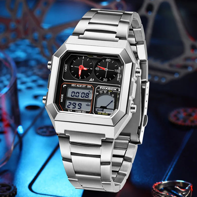 FOXBOX Top Brand Luxury Stainless Steel Chrono Sport Watches Men Back Light Display Digital Wristwatch 3Bar Waterproof Reloj+Box
