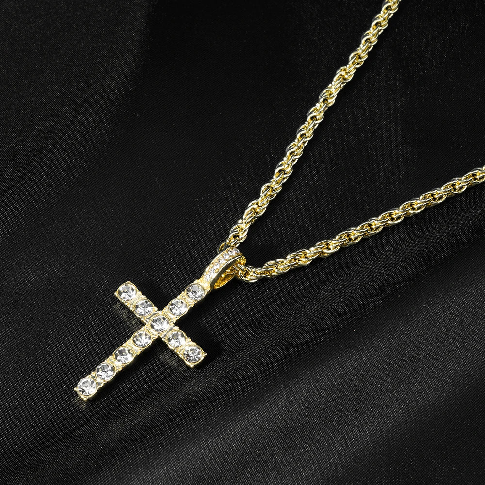 Hip Hop Iced Out Cross Pendant Necklace Strap 4mm Zircon Tennis Chain Men Women Sparkling Necklace Punk Jewelry Fashion Gift