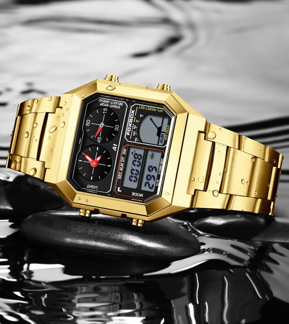 FOXBOX Top Brand Luxury Stainless Steel Chrono Sport Watches Men Back Light Display Digital Wristwatch 3Bar Waterproof Reloj+Box