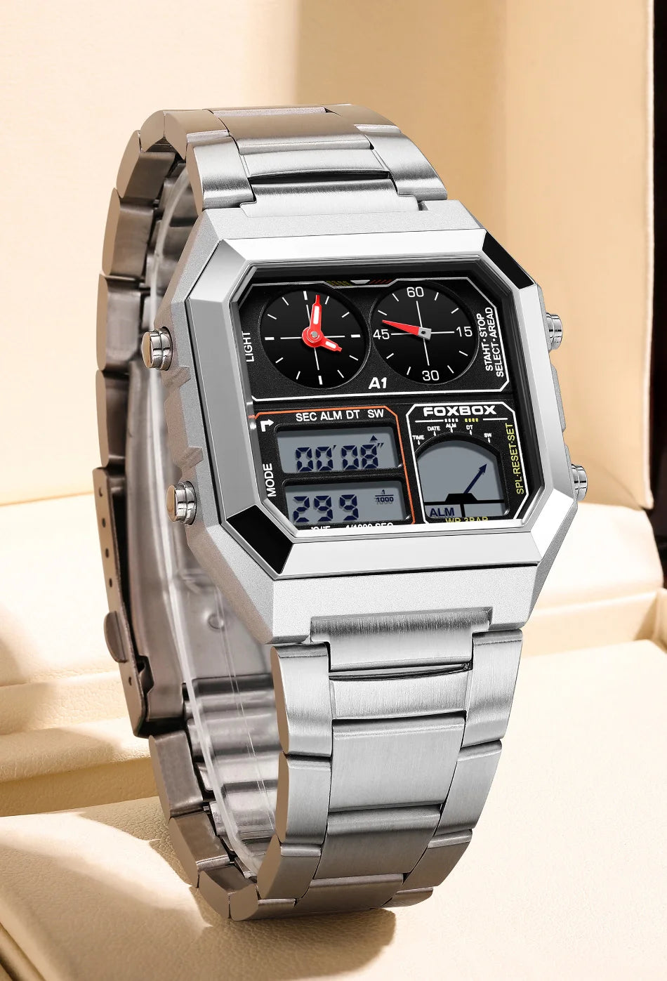 FOXBOX Top Brand Luxury Stainless Steel Chrono Sport Watches Men Back Light Display Digital Wristwatch 3Bar Waterproof Reloj+Box