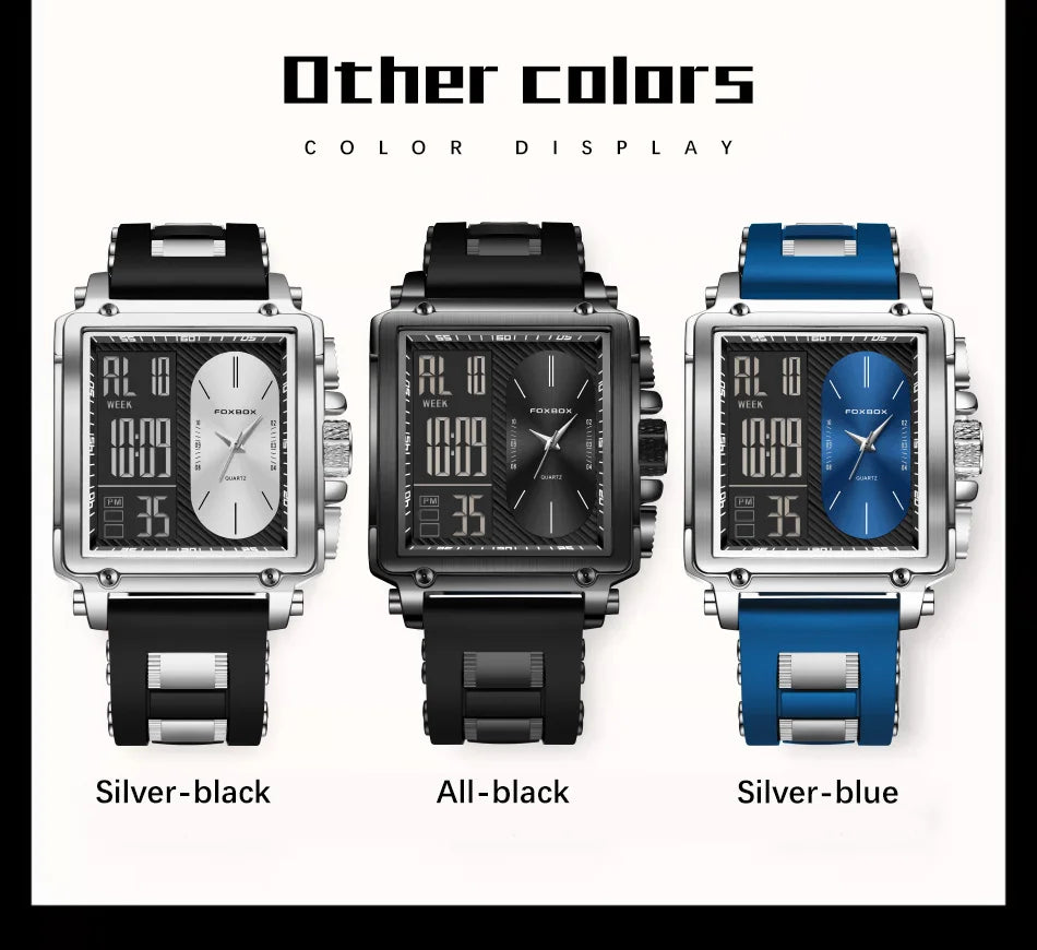 FOXBOX Blue Silicone Watch Men Digital Dual Display Watch Sports Chronograph Waterproof Quartz Wristwatch Men Military Watch