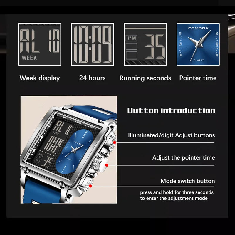 FOXBOX Blue Silicone Watch Men Digital Dual Display Watch Sports Chronograph Waterproof Quartz Wristwatch Men Military Watch