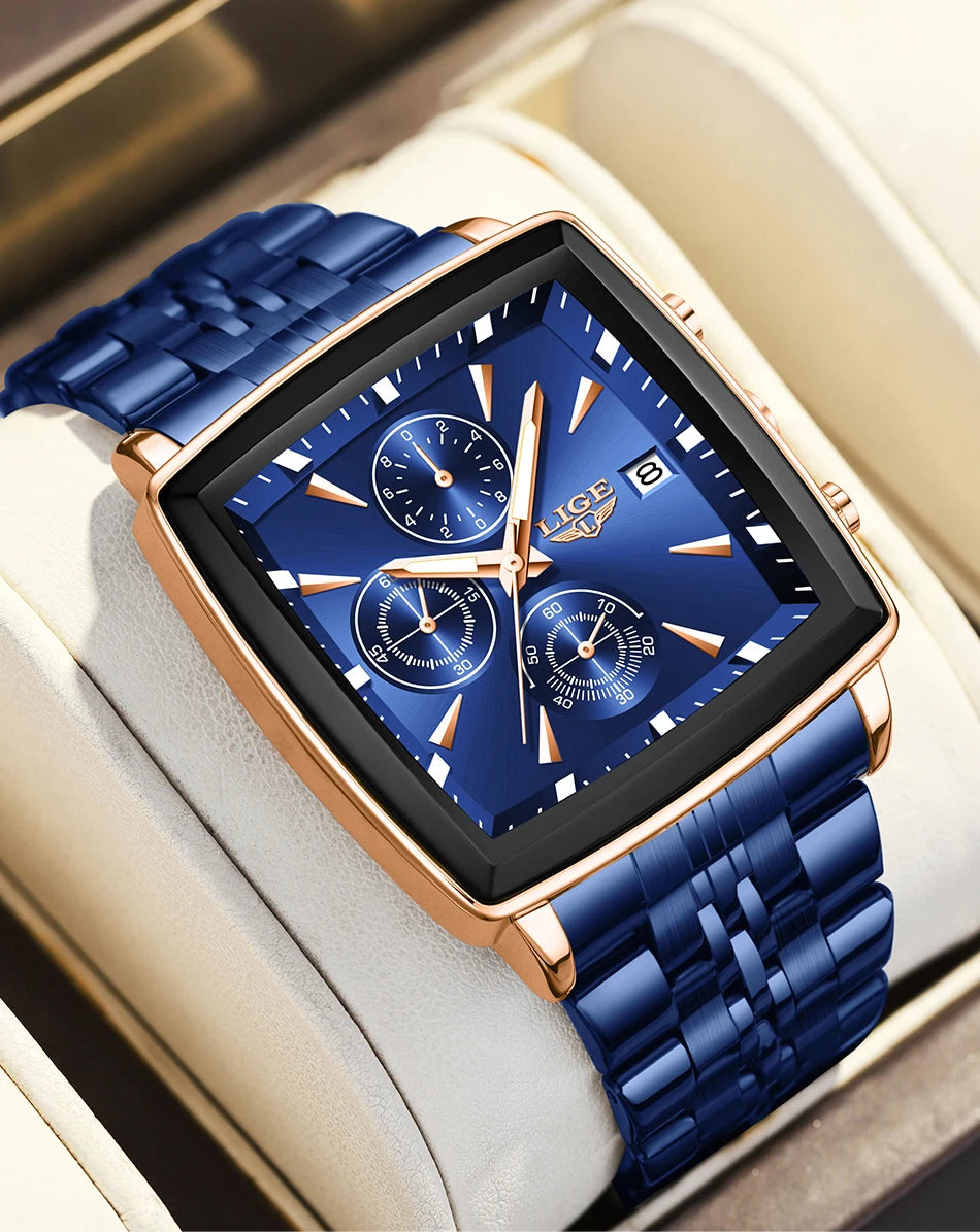 LIGE Top Brand Luxury Mens Watches Fashion Military Square Chronograph Quartz Wristwatches For Men Sports Waterproof Watch Men