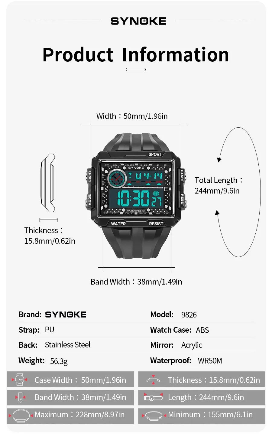 SYNOKE New Men Mountaineering Digital Watch Waterproof Shock Resist Large Screen Outdoor Running Student Fashion Watch Handsome