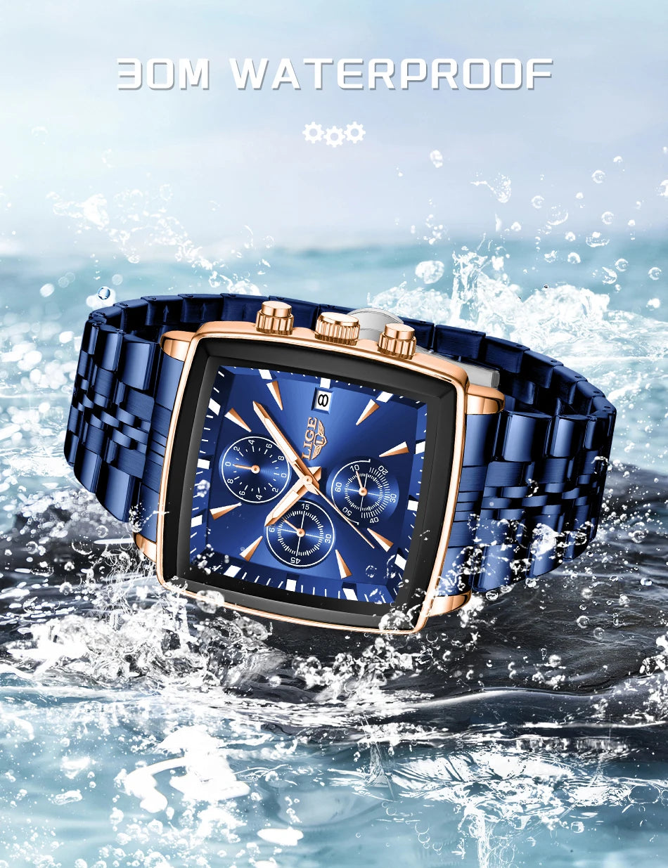 LIGE Top Brand Luxury Mens Watches Fashion Military Square Chronograph Quartz Wristwatches For Men Sports Waterproof Watch Men