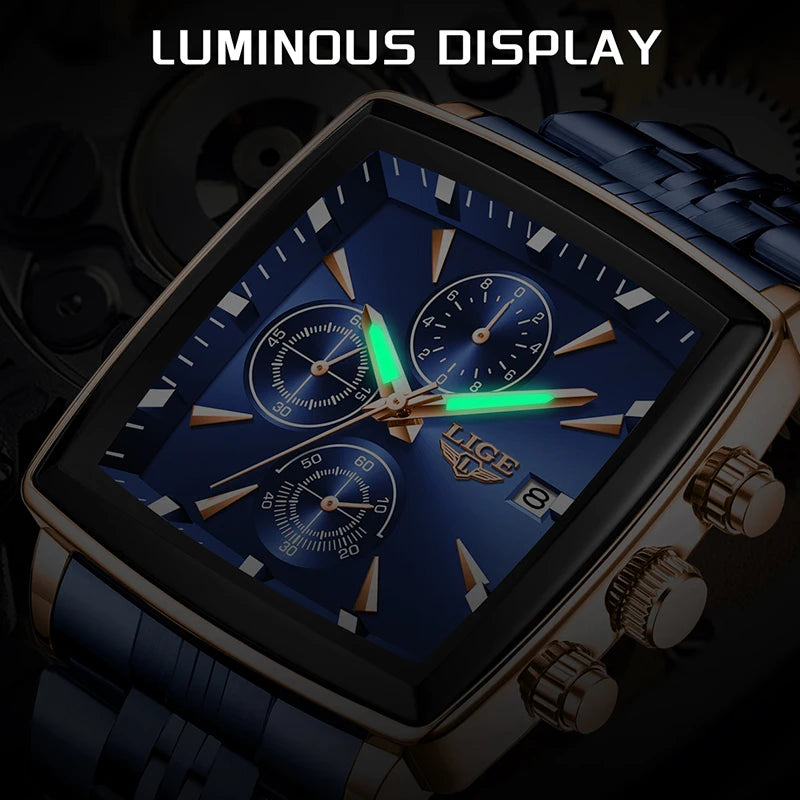 LIGE Top Brand Luxury Mens Watches Fashion Military Square Chronograph Quartz Wristwatches For Men Sports Waterproof Watch Men