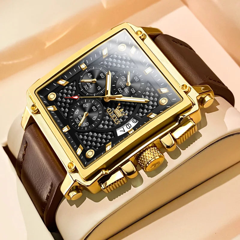 OLEVS Men's Top Brand Square Quality Quartz Wristwatch Chronograph Waterproof Original Watch for Man Luminous Date Luxury
