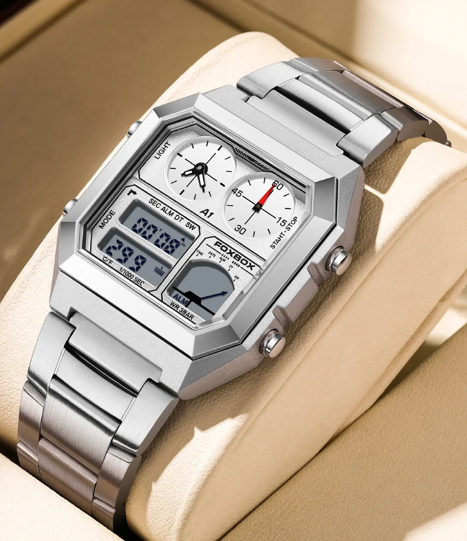 FOXBOX Top Brand Luxury Stainless Steel Chrono Sport Watches Men Back Light Display Digital Wristwatch 3Bar Waterproof Reloj+Box