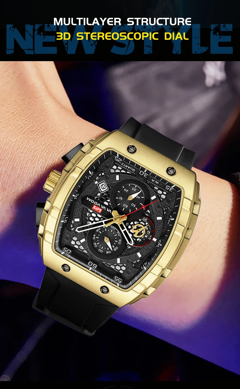 VA VA VOOM Men Watch With 47mm Large Dial Timing Multifunctional Clock Fashionable Silicone Strap Military Sports Watch for Men