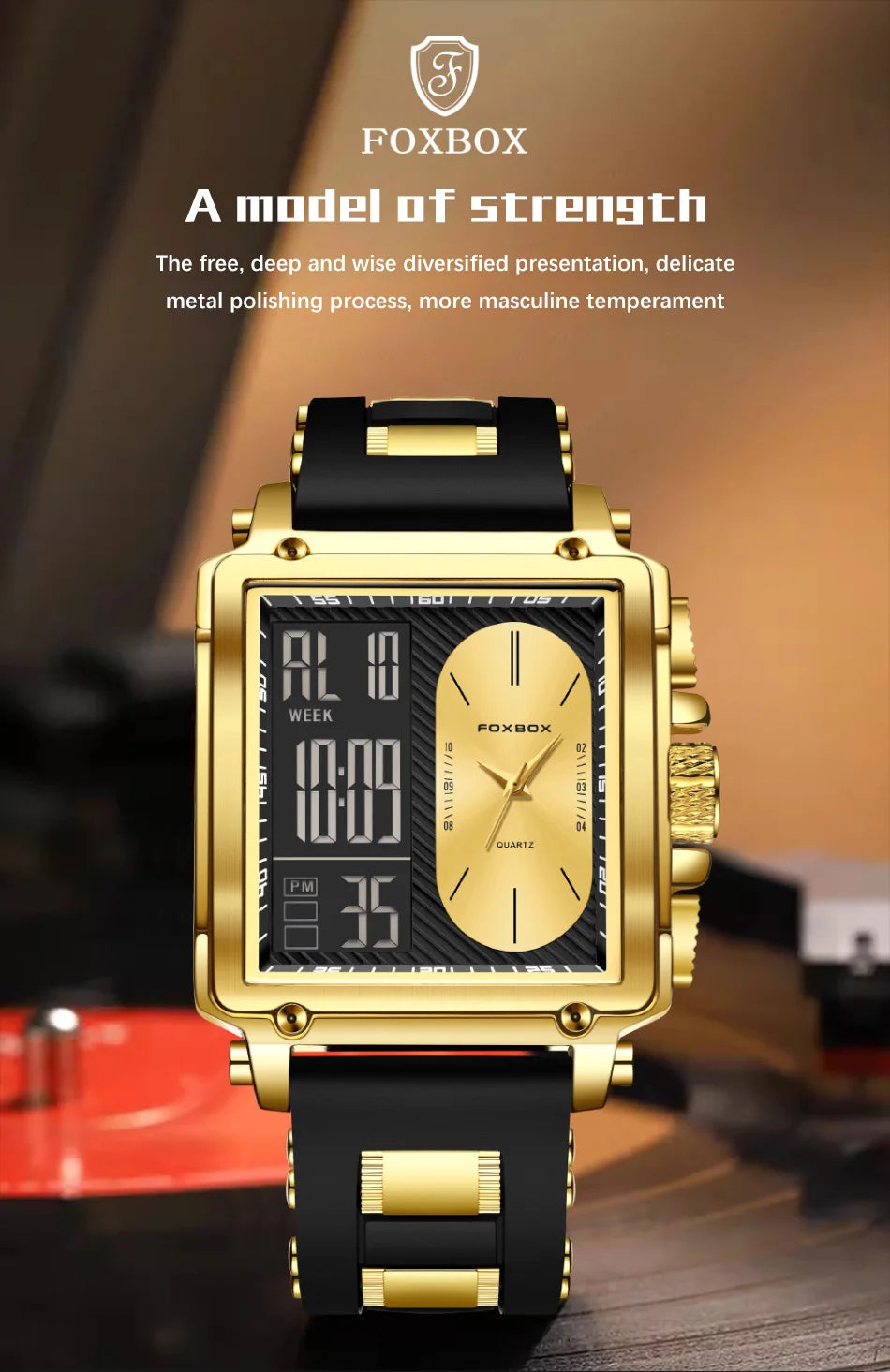 FOXBOX Blue Silicone Watch Men Digital Dual Display Watch Sports Chronograph Waterproof Quartz Wristwatch Men Military Watch