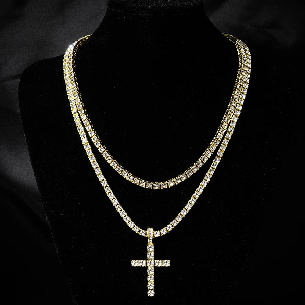 Hip Hop Iced Out Cross Pendant Necklace Strap 4mm Zircon Tennis Chain Men Women Sparkling Necklace Punk Jewelry Fashion Gift