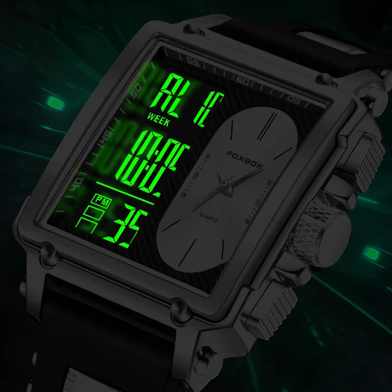 FOXBOX Blue Silicone Watch Men Digital Dual Display Watch Sports Chronograph Waterproof Quartz Wristwatch Men Military Watch
