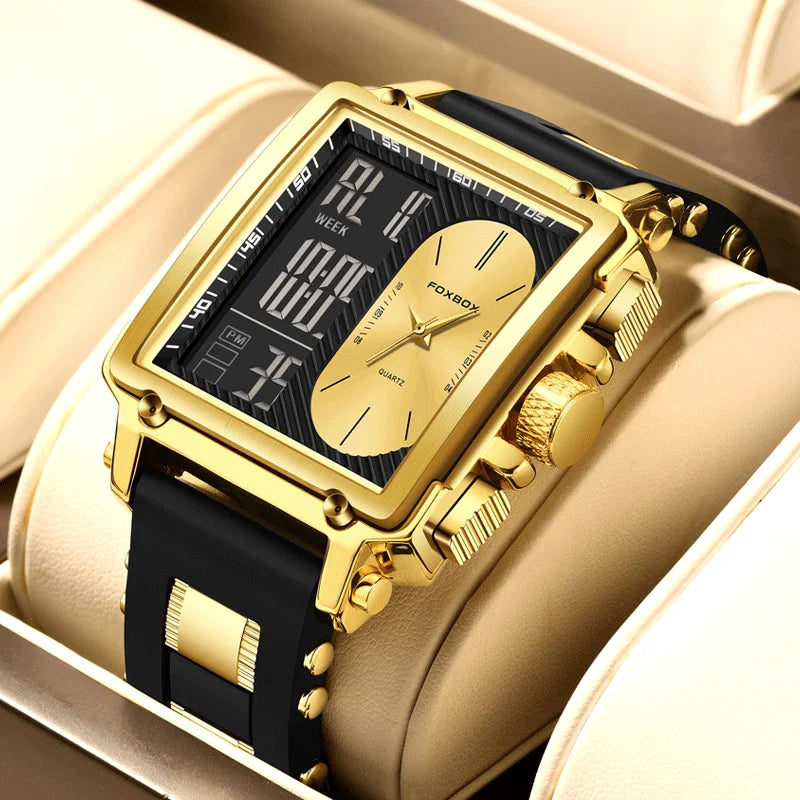 FOXBOX Blue Silicone Watch Men Digital Dual Display Watch Sports Chronograph Waterproof Quartz Wristwatch Men Military Watch