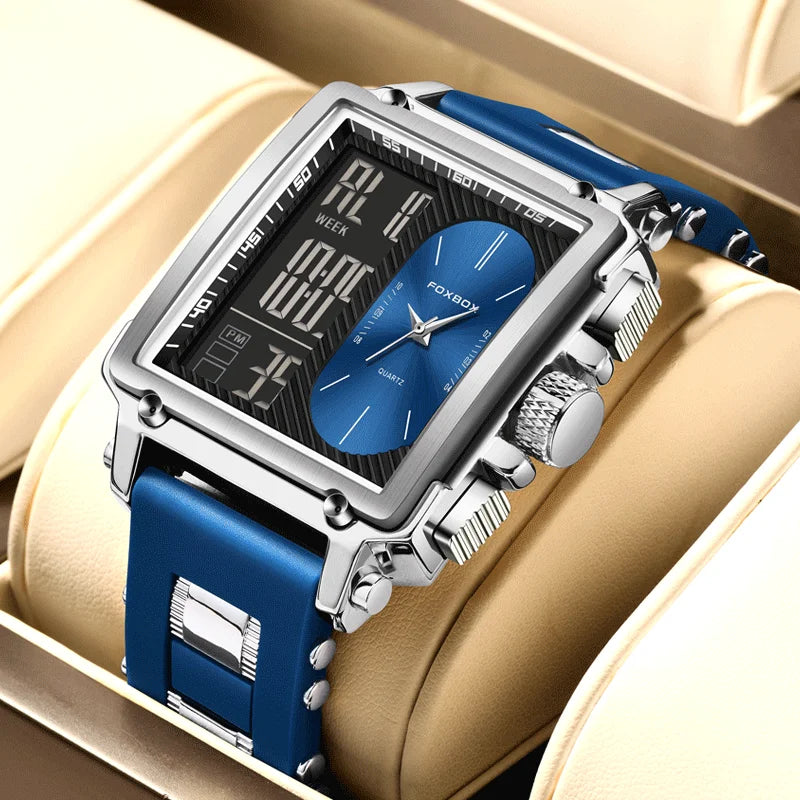 FOXBOX Blue Silicone Watch Men Digital Dual Display Watch Sports Chronograph Waterproof Quartz Wristwatch Men Military Watch