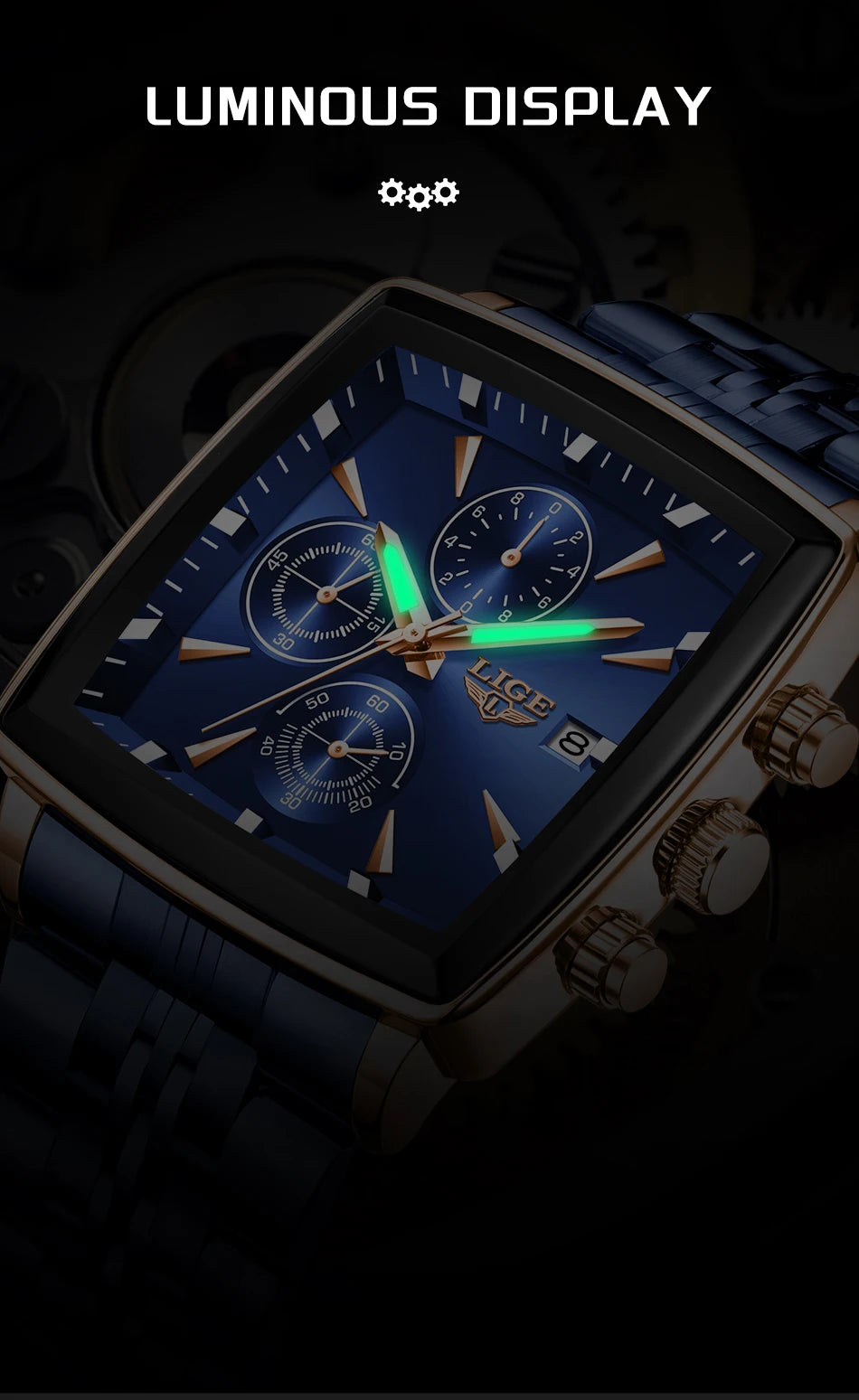 LIGE Top Brand Luxury Mens Watches Fashion Military Square Chronograph Quartz Wristwatches For Men Sports Waterproof Watch Men