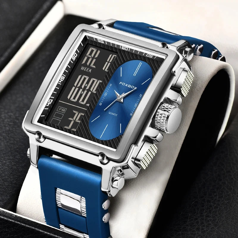 FOXBOX Blue Silicone Watch Men Digital Dual Display Watch Sports Chronograph Waterproof Quartz Wristwatch Men Military Watch