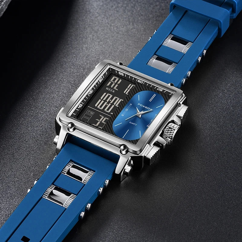 FOXBOX Blue Silicone Watch Men Digital Dual Display Watch Sports Chronograph Waterproof Quartz Wristwatch Men Military Watch