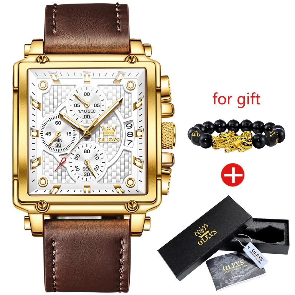 OLEVS Men's Top Brand Square Quality Quartz Wristwatch Chronograph Waterproof Original Watch for Man Luminous Date Luxury