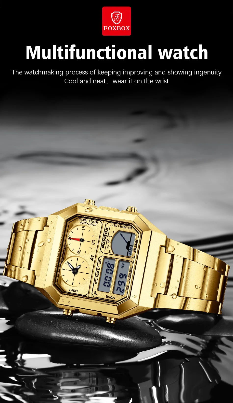 FOXBOX Top Brand Luxury Stainless Steel Chrono Sport Watches Men Back Light Display Digital Wristwatch 3Bar Waterproof Reloj+Box