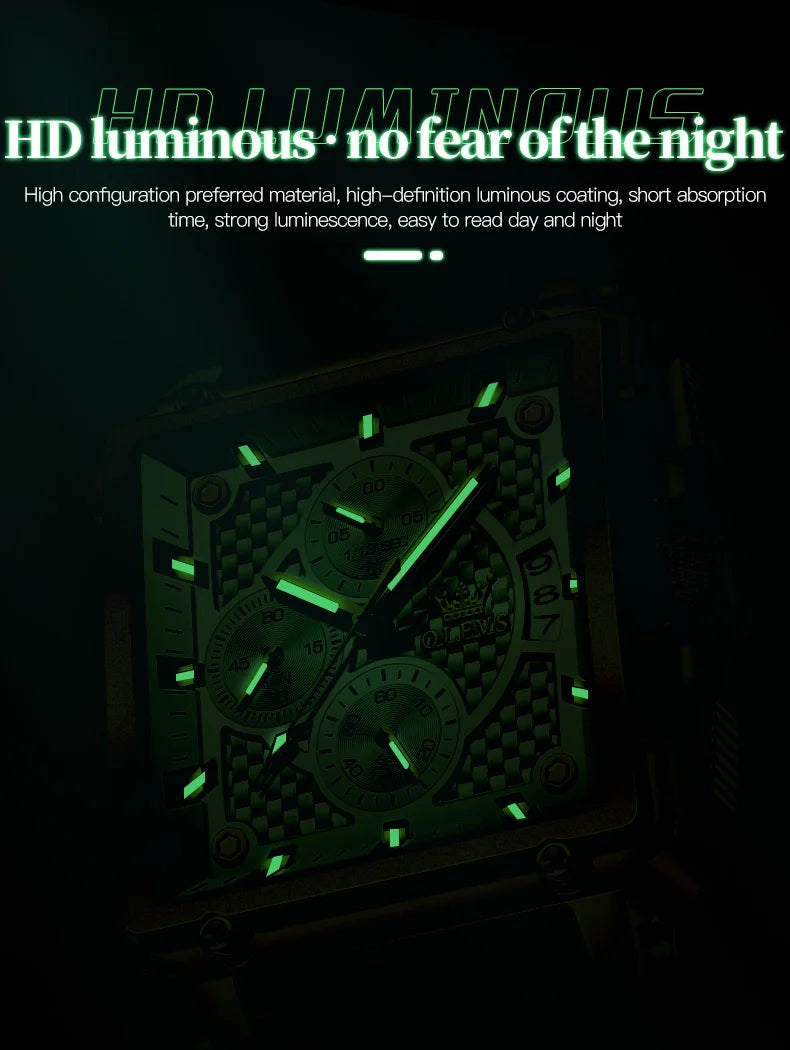 OLEVS Men's Top Brand Square Quality Quartz Wristwatch Chronograph Waterproof Original Watch for Man Luminous Date Luxury