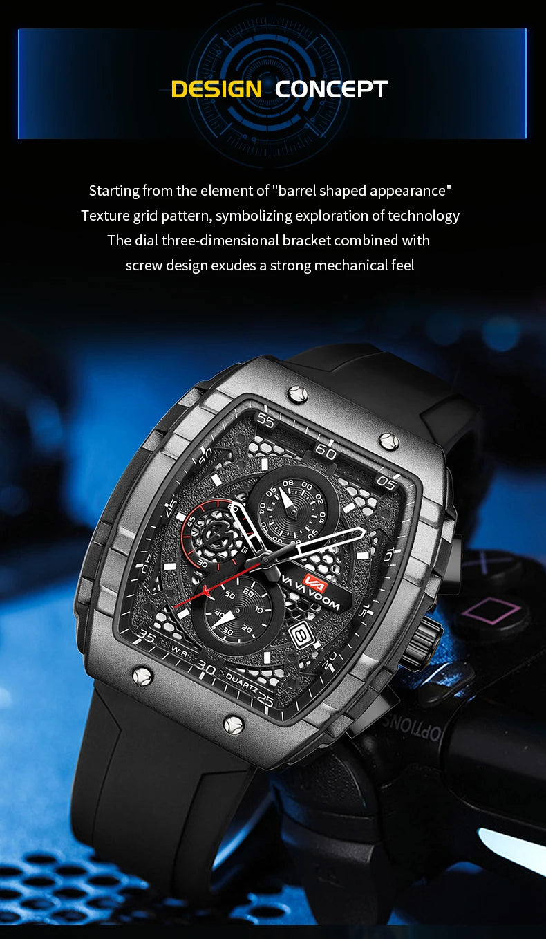 VA VA VOOM Men Watch With 47mm Large Dial Timing Multifunctional Clock Fashionable Silicone Strap Military Sports Watch for Men