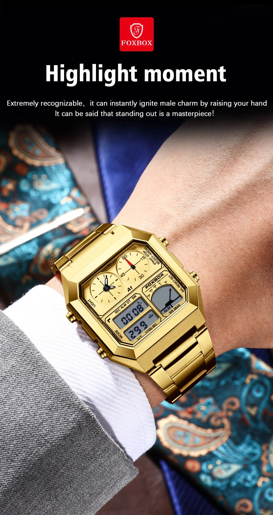 FOXBOX Top Brand Luxury Stainless Steel Chrono Sport Watches Men Back Light Display Digital Wristwatch 3Bar Waterproof Reloj+Box