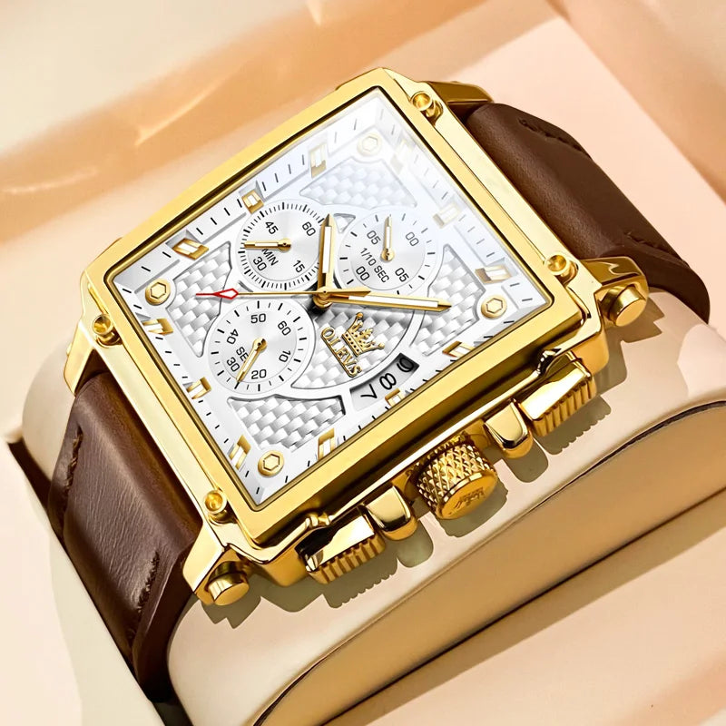 OLEVS Men's Top Brand Square Quality Quartz Wristwatch Chronograph Waterproof Original Watch for Man Luminous Date Luxury