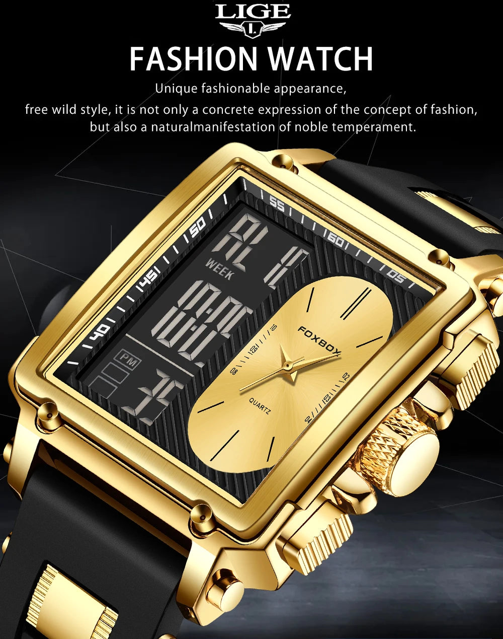 LIGE New Fashion Square Digital Watch Men Casual Sports Waterproof Men's Quartz Wristwatches FOXBOX Top Brand Luxury Chronograph