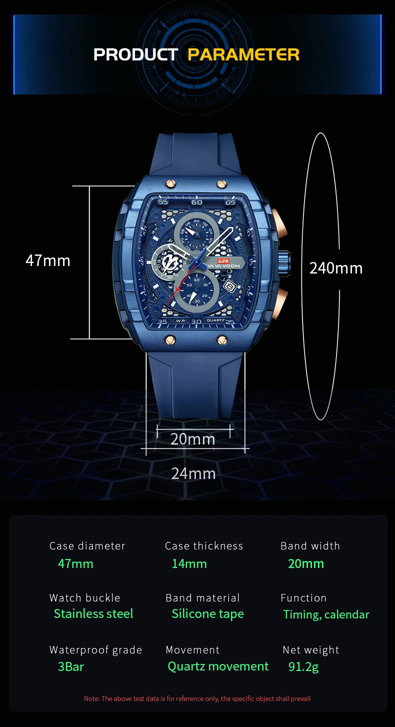 VA VA VOOM Men Watch With 47mm Large Dial Timing Multifunctional Clock Fashionable Silicone Strap Military Sports Watch for Men