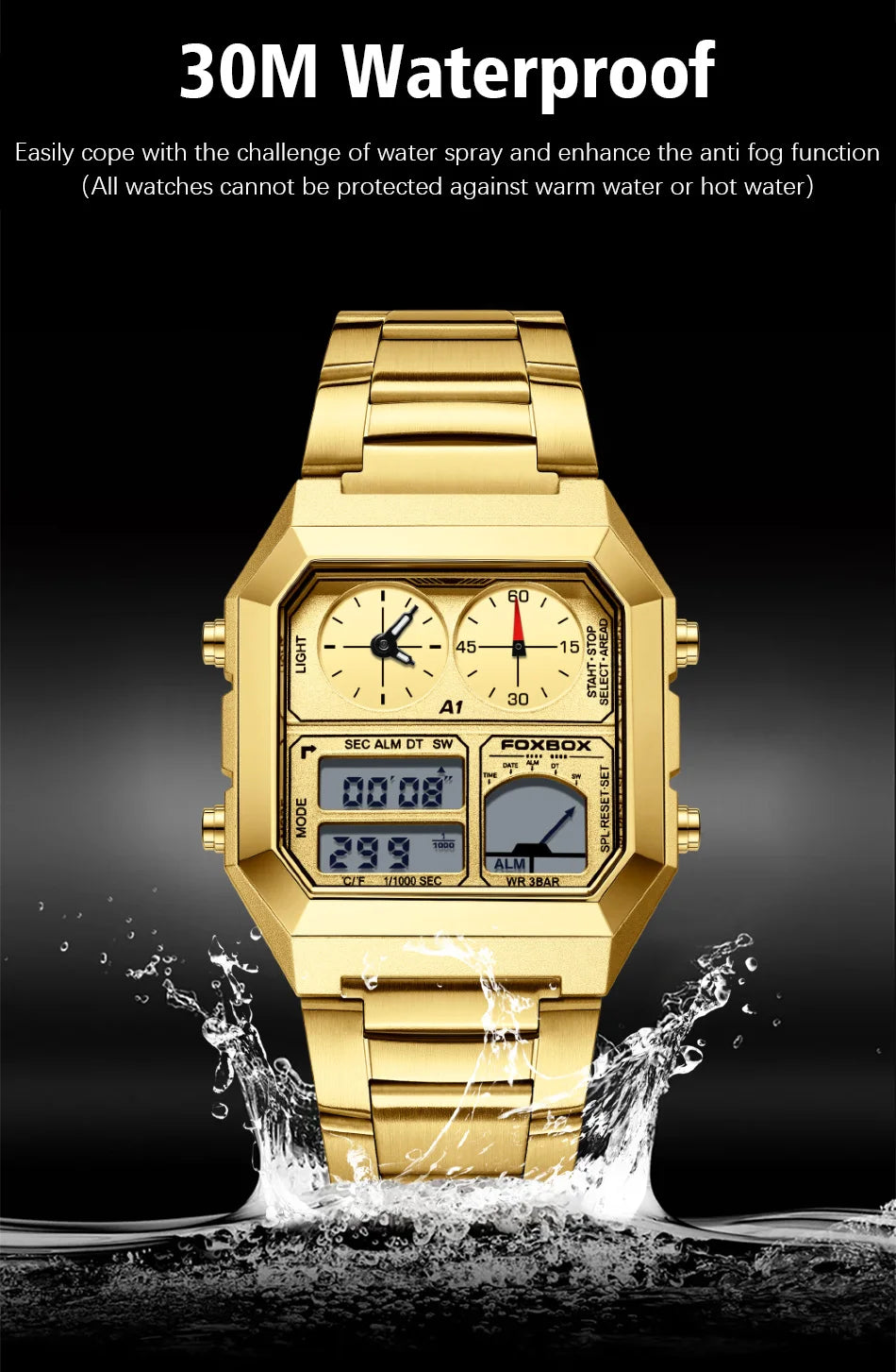 FOXBOX Top Brand Luxury Stainless Steel Chrono Sport Watches Men Back Light Display Digital Wristwatch 3Bar Waterproof Reloj+Box