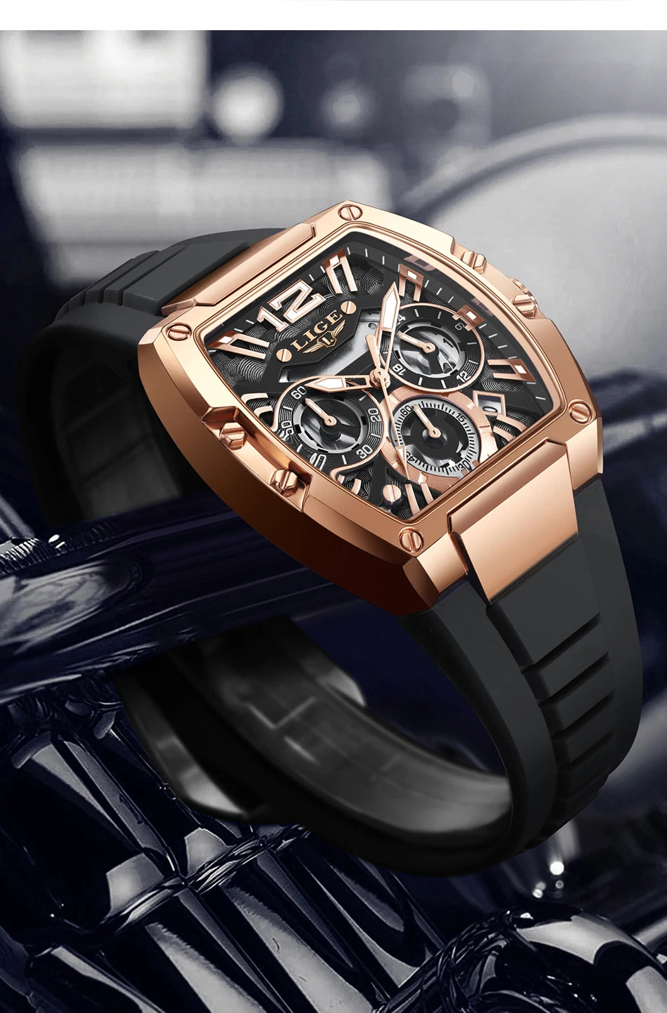 LIGE Sports Man Watch Tonnea Hollow Design Quartz Men Wristwatches Chronograph Waterproof Luminous Silicone Strap Watches Male