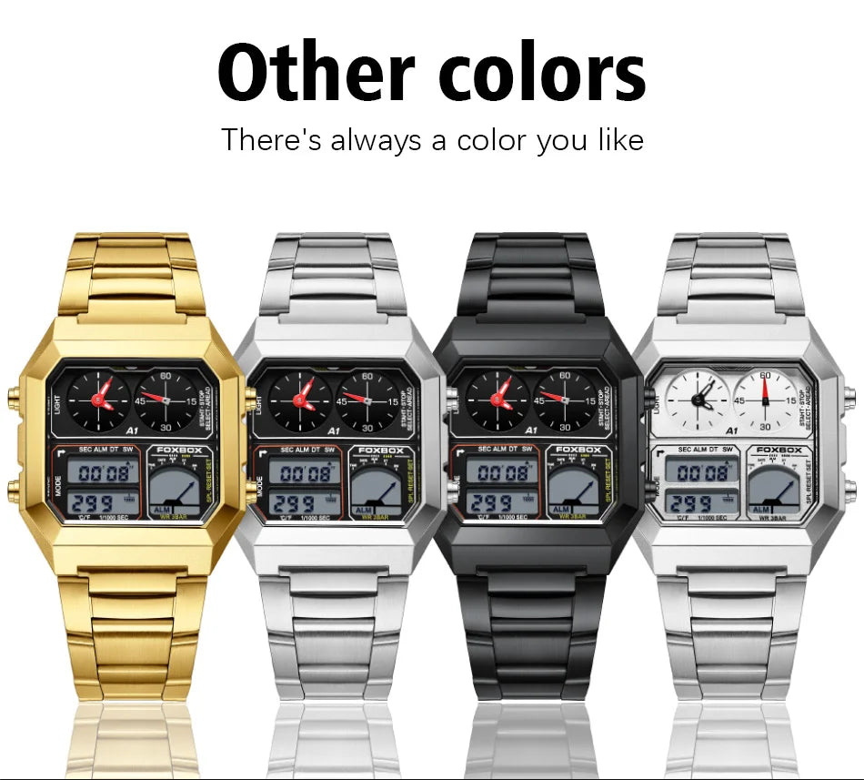 FOXBOX Top Brand Luxury Stainless Steel Chrono Sport Watches Men Back Light Display Digital Wristwatch 3Bar Waterproof Reloj+Box