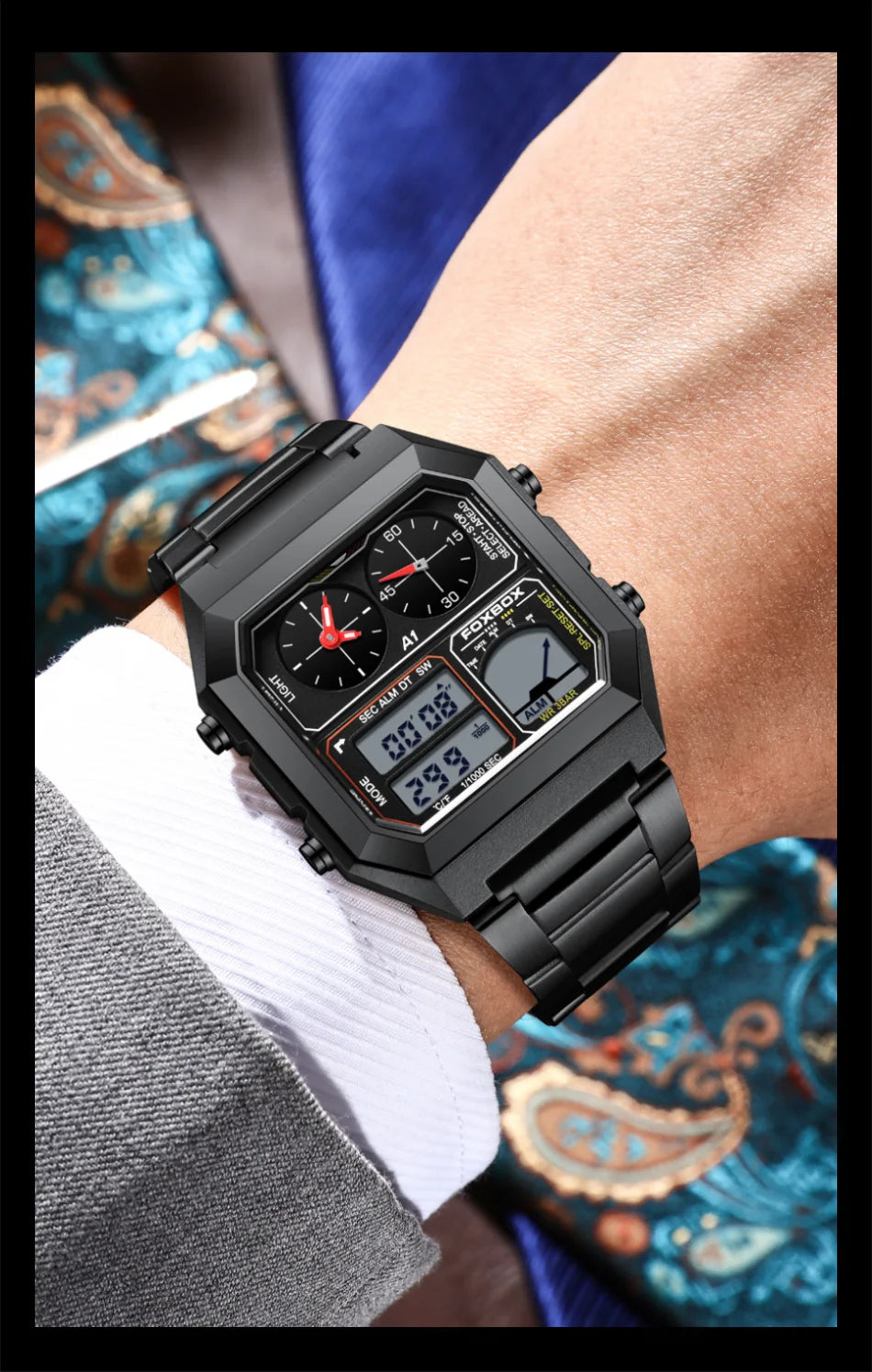 FOXBOX Top Brand Luxury Stainless Steel Chrono Sport Watches Men Back Light Display Digital Wristwatch 3Bar Waterproof Reloj+Box