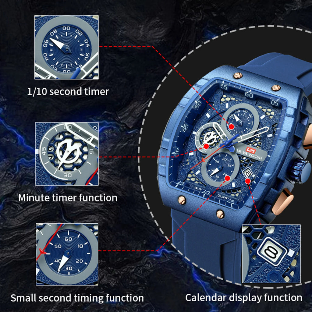 VA VA VOOM Men Watch With 47mm Large Dial Timing Multifunctional Clock Fashionable Silicone Strap Military Sports Watch for Men